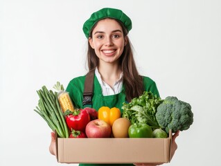 Smiling woman in a green outfit holding a box of fresh vegetables and fruits, promoting healthy eating and farm-to-table concepts.