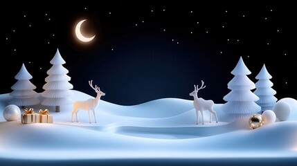 Wall Mural - Christmas scene with reindeer standing in a snowy landscape, illuminated by soft moonlight and surrounded by festive decorations, evoking a magical holiday atmosphere.