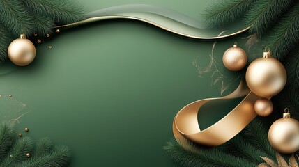 Wall Mural - Classic green Christmas background with gold accents, featuring luxurious gold ribbons and baubles, set against evergreen trees for a rich, festive look.