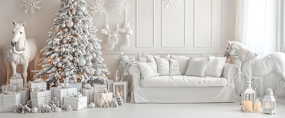 Poster - White Christmas living room with a sofa, a decorated tree, and horse figurines.