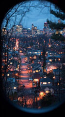 Canvas Print - A view of a residential neighborhood at dusk, with the city skyline in the background.