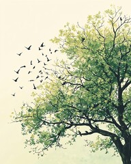 A serene tree adorned with vibrant leaves, as birds gracefully take flight into a soft, tranquil sky.