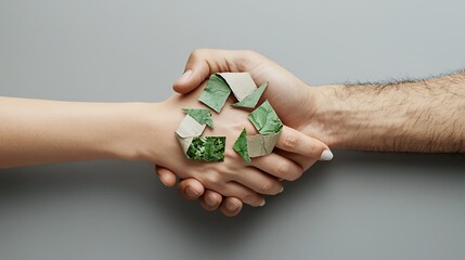 Eco-friendly Innovation Concept: Hands Shaking, One Recycled Paper Hand - Close-up Symbolism