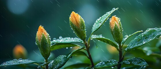 Closeup of fresh green flower buds opening up after a rain shower in a lush verdant garden symbolizing the start of new life and a season of renewal