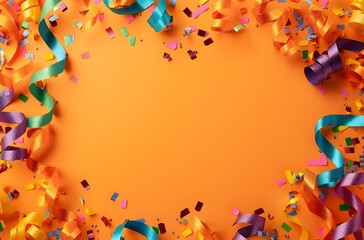 Colorful Party Ribbons & Confetti on Orange Background