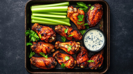 Wall Mural - Delicious grilled chicken wings served with fresh celery and side of creamy dipping sauce create perfect snack for gatherings. Enjoy savory flavors!