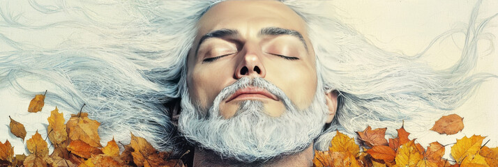 Wall Mural - Man with long white hair and beard lying on autumn leaves.