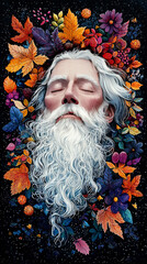 Wall Mural - A portrait of a man with long white hair and beard surrounded by autumn leaves.