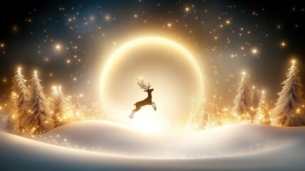 Wall Mural - Festive Christmas background featuring a silhouette of reindeer leaping through a snowy forest, with twinkling stars and a glowing moon in the background.