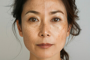 Poster - Generative with ai image comparison between youthful and aged skin differences between the two sides