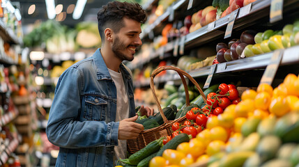 A close-up of a happy, stylish young man shopping in the fresh produce section of a supermarket, holding a basket while browsing colorful fruits and vegetables displayed in the grocery store.