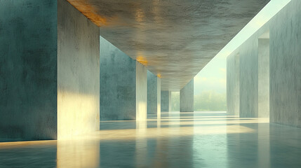 Wall Mural - Sunlight streams through a minimalist concrete hallway.