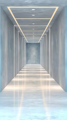 Poster - A long, narrow hallway with a light blue tiled floor and bright white ceiling lights.