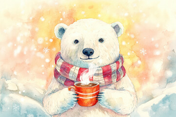 Wall Mural - Watercolor illustration of a cute polar bear wearing a scarf, enjoying a hot drink during a snowfall, evoking a cozy christmas atmosphere