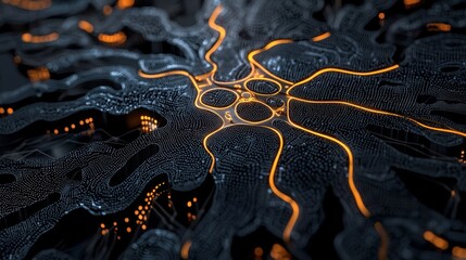 Intricate digital network design featuring glowing orange lines on a dark background, illustrating technology and connectivity.