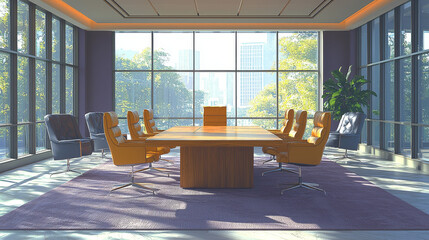 Wall Mural - Modern boardroom with a large wooden table and leather chairs.