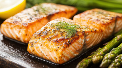 Grilled salmon fillets with dill and lemon dressing, served with fresh asparagus, create delicious and healthy meal. vibrant colors and textures make it visually appealing