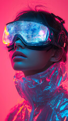 Canvas Print - Woman in futuristic goggles looking up in neon light.