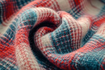 Close-up of a Red, White, and Blue Plaid Fabric with a Fuzzy Texture