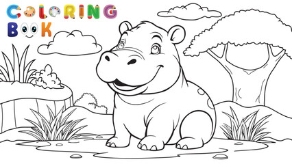 Wall Mural - Funny hippo in the wild, fun animal coloring page