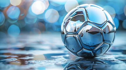 Chrome Soccer Ball with Blue Bokeh Background - 3D Illustration