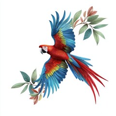 Vibrant parrot soaring through lush leaves, showcasing vivid colors and nature's beauty in this stunning illustration.