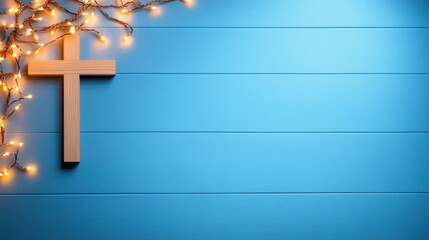 Religious Christmas background featuring a wooden cross with subtle Christmas lights, symbolizing the connection between faith and the celebration of Christâ€™s birth.