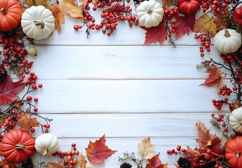 Wall Mural - autumn fall decor background with pumpkins & berries