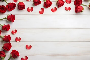 Wall Mural - Red Roses and Hearts on White Wood for Valentine's Day