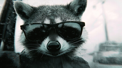 Canvas Print - Cool raccoon wearing sunglasses looks straight at the camera.