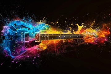 Wall Mural - Guitar with fire and flames. Silhouette of the guitar of splash paint. Multicolor