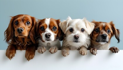 Wall Mural - Curious dogs peeking over a white surface against a minimalist background