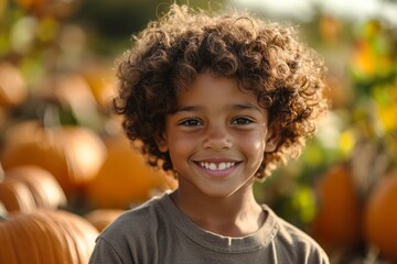 diverse black boy with brown curly hair smiling at pumpkin patch on sunny day. Autumn Halloween and thanksgiving kids photoshoot, copy space left