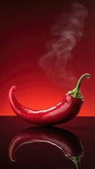 Red hot chili pepper releasing smoke on red background