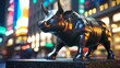 © fotofabrika - Bronze bull sculpture in a bustling city at night surrounded by colorful lights and reflections, symbolizing strength and prosperity