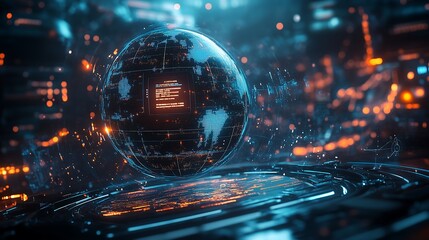 A futuristic scene where a glowing AI chatbot interfaces with a complex global data network
