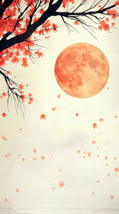 Wall Mural - A large orange moon shines over a silhouette of a tree branch with falling leaves.