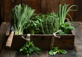 Fresh Herbs in Wooden Box with Cleaver