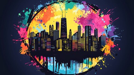 Wall Mural - Vibrant Chicago Skyline Vector Icon at Art Fair with Colorful Splash - Creative Urban Silhouette with Paintbrushes and Palettes in Circle Frame