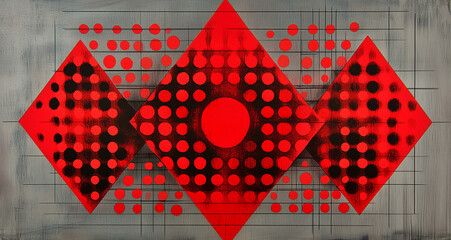 Abstract painting featuring geometric red shapes, black dots, and gray background, contemporary design concept