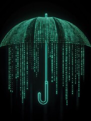 glowing digital umbrella with falling code style