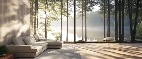 Poster - Modern living room with a view of a serene lake and forest through large windows.