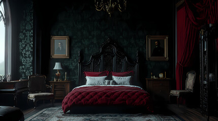 Victorian era bedroom - dark walls stunning gothic revival bedroom interiors. Gothic Revival. Illustration