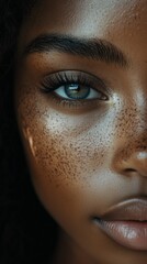 Detailed close-up of a woman's eye and freckles, highlighting natural beauty, eyebrow, and smooth skin texture.