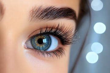 Wall Mural - a close-up of a womanâ€™s eyes, with a soft focus on her long eyelashes and a dreamy bokeh backgroun