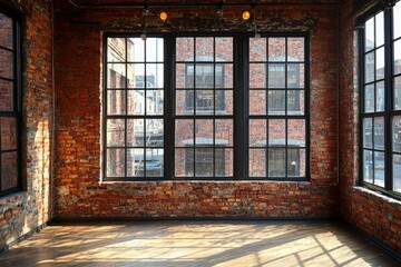 Wall Mural - Brick Wall Room with Large Windows and Sunlight Streaming in