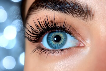 a close-up of a womanâ€™s eyes, with a soft focus on her long eyelashes and a dreamy bokeh backgroun
