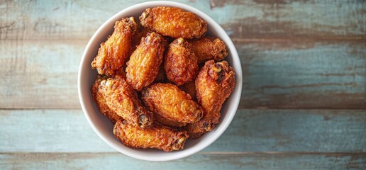 Close-up of a bowl of crispy fried chicken wings.