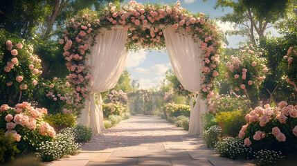 Floral Archway with White Curtains and Rose Garden Path - 3D Illustration