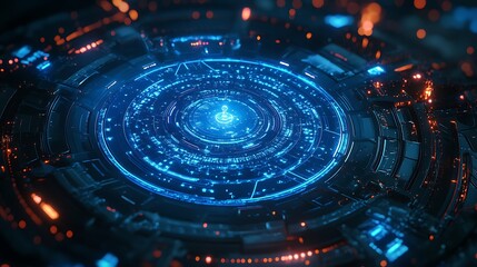 A futuristic digital interface with glowing blue elements and circular patterns.